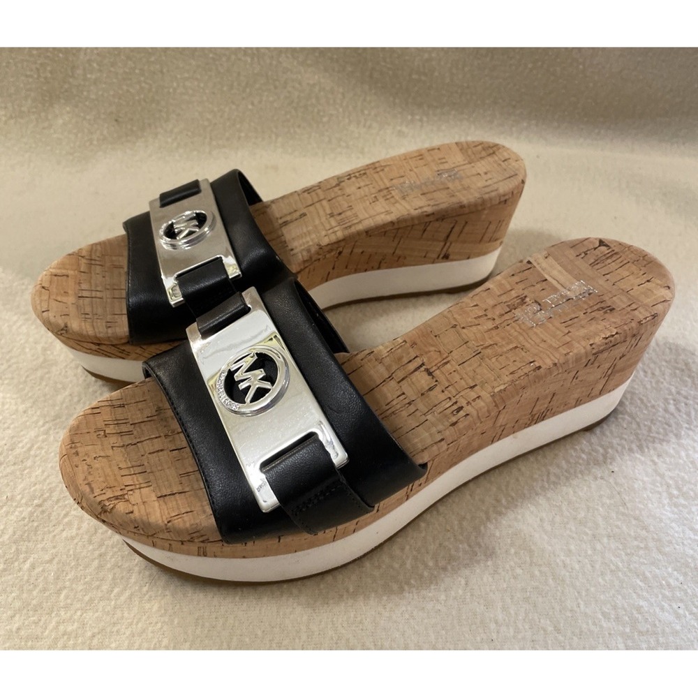 Michael Kors MK Warren Platform Black White Silver Cork Wedge Sandals Slide 6